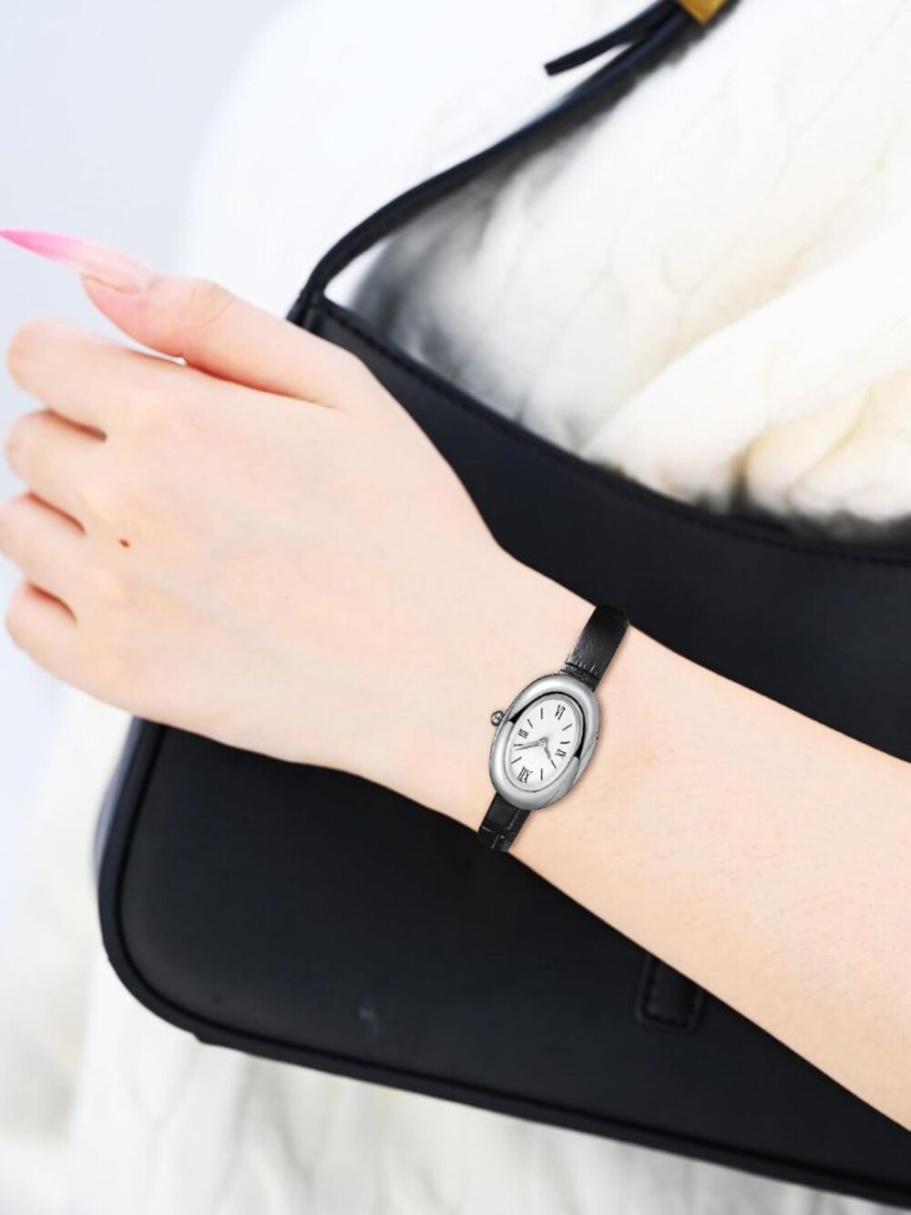 Women's Silver Black Analog Quartz Elegant Dial Bangle Vintage Bracelet Watch - Picture 2 of 6